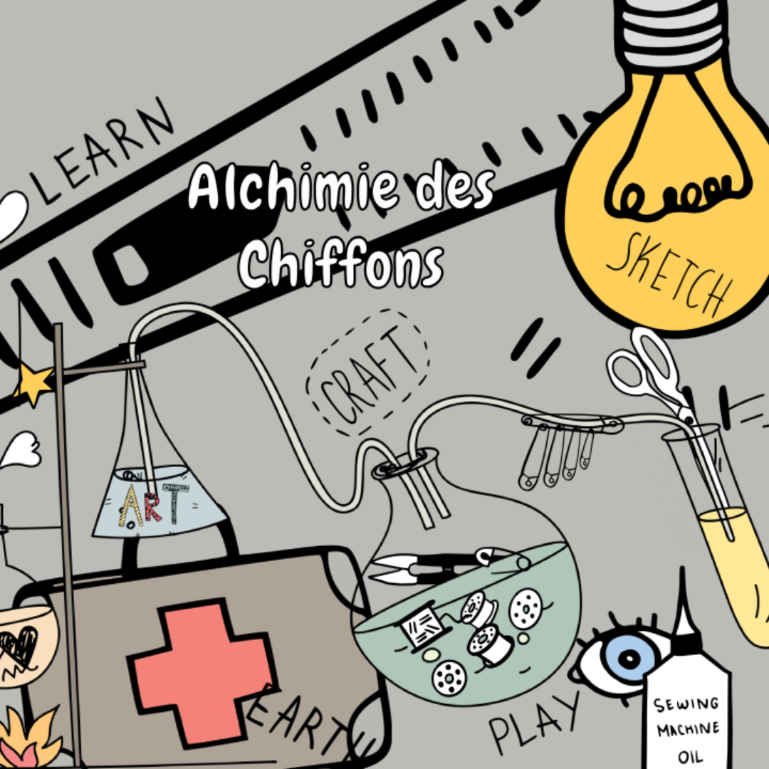 Le laboratoire du Professeur Fringandstyle Illustration humoristique style scrapbooking posant la question "Heu, tu étais dans le médical avant ?" pour introduire l'univers du laboratoire textile.