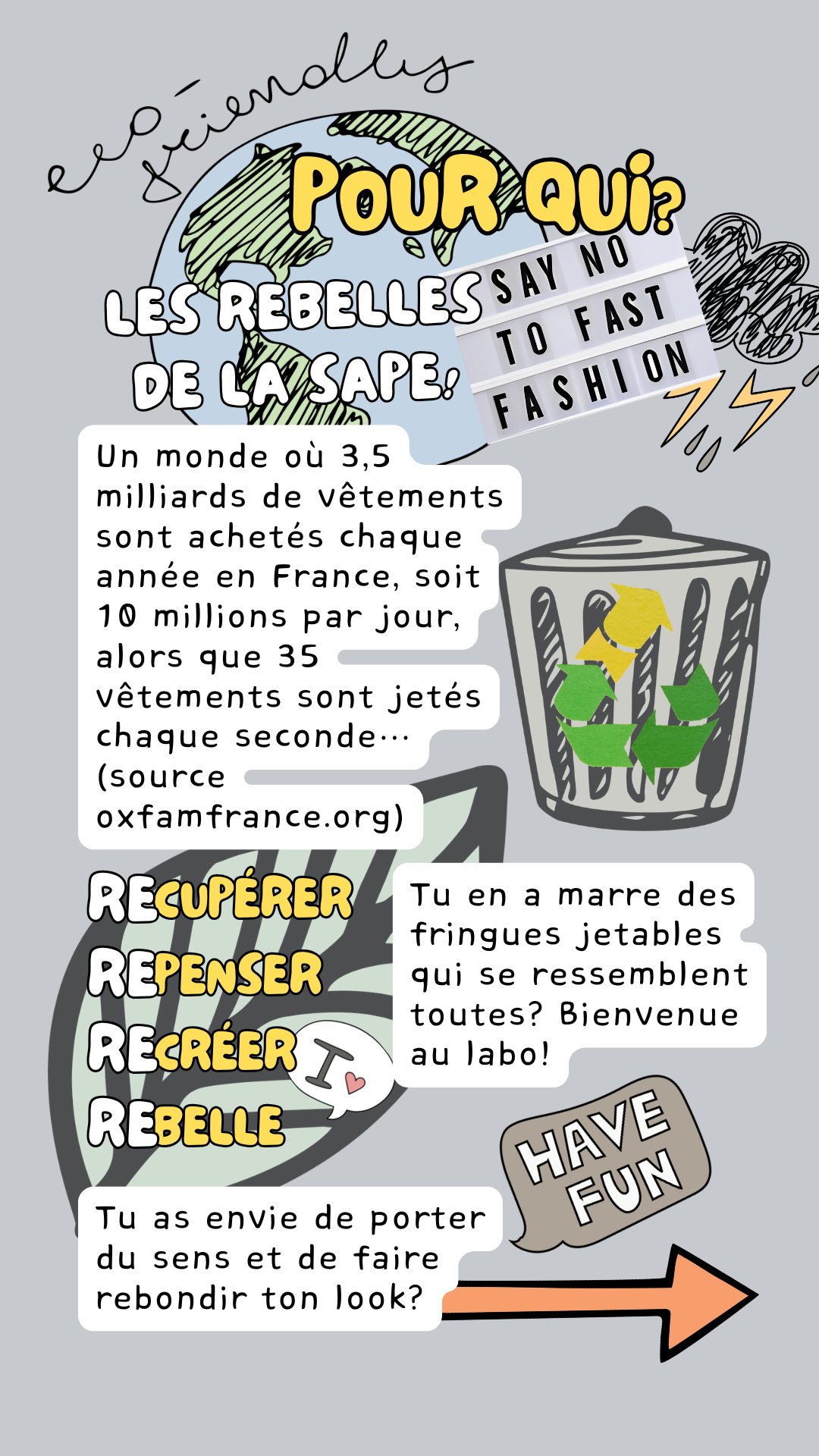 Panneau d'appel à l'action avec stickers éco-friendly invitant les anti fast-fashion à adopter un spécimen unique.