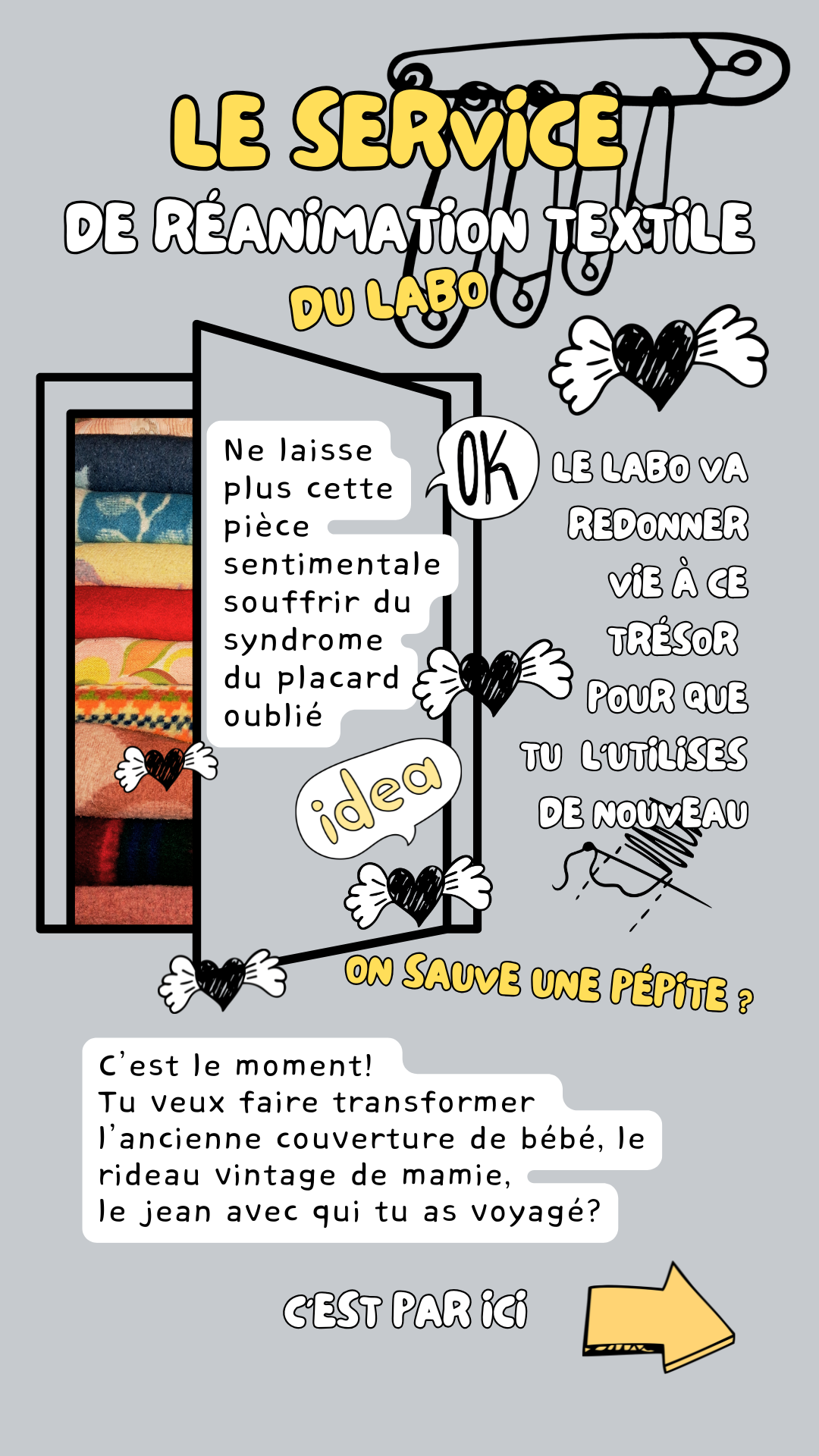 Montage style scrapbooking montrant un placard rempli de couvertures vintage et de textiles sentimentaux à upcycler.